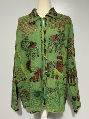 Tropical Elephants Boho womens wood toggle Jacket Patchwork Womens Green L/XL